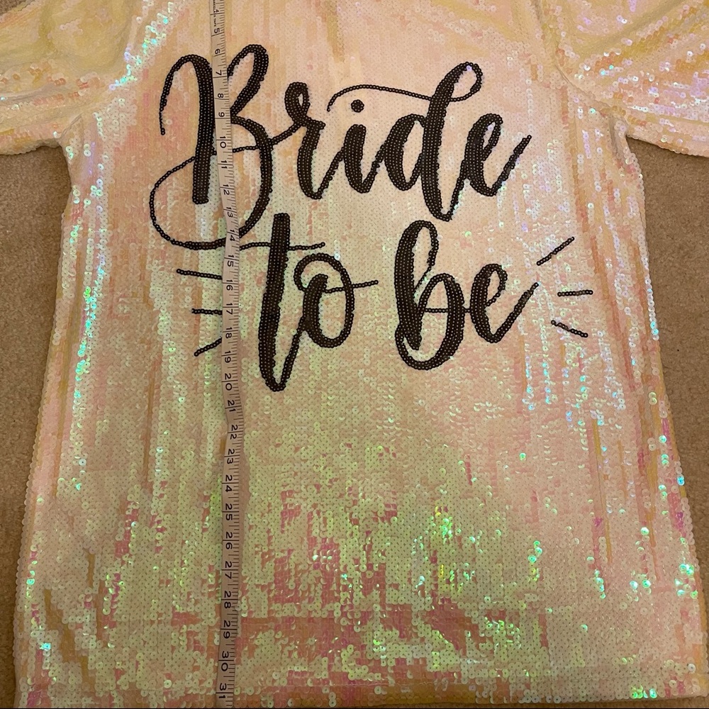 White Iridescent Sequin Trendy “Bride to Be” Short Sleeve Mini Dress One Size - Picture 9 of 12
